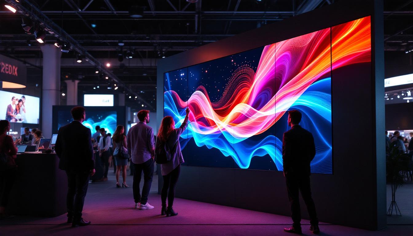 A photograph of a portable wall panel featuring a vibrant led display in a dynamic setting