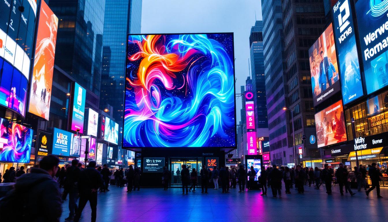 A photograph of a vibrant led display in a bustling urban environment