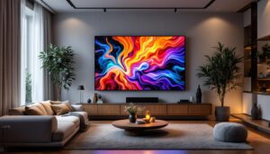 A photograph of a stylish living room featuring an oversized led display showcasing vibrant artwork