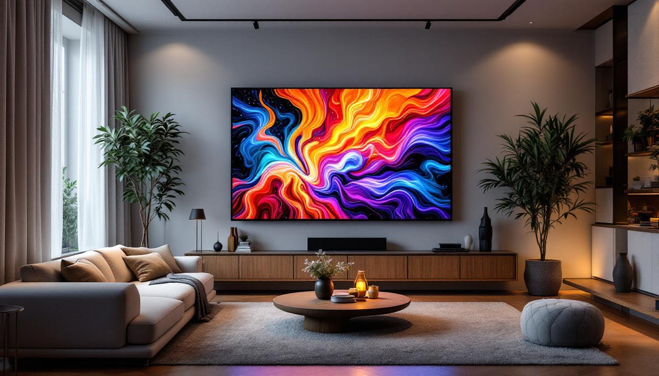A photograph of a stylish living room featuring an oversized led display showcasing vibrant artwork