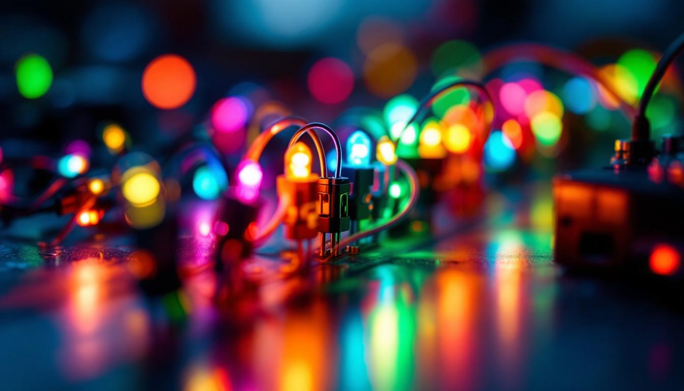 A photograph of a close-up shot of a series of brightly lit leds connected in a circuit
