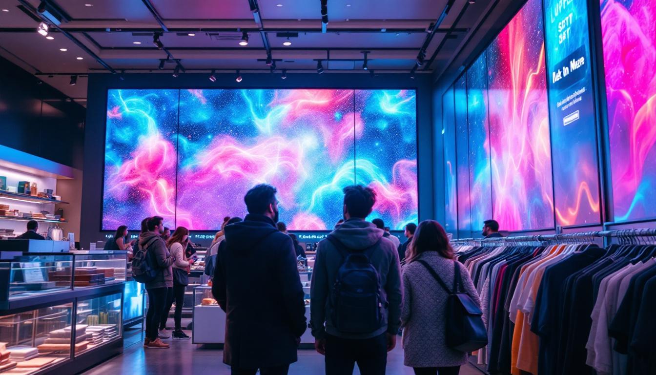 A photograph of a vibrant retail environment featuring a large led display screen showcasing dynamic advertisements or product promotions