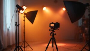 A photograph of capture a photograph of a well-lit videography setup featuring led studio lights in action