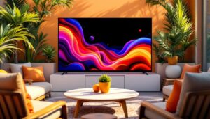 A photograph of a vibrant outdoor setting featuring a used led tv displayed prominently