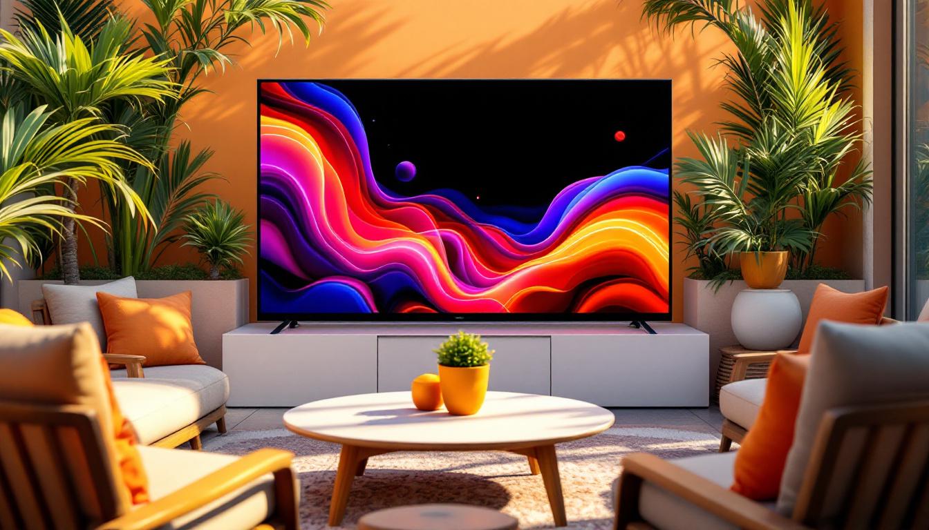 A photograph of a vibrant outdoor setting featuring a used led tv displayed prominently