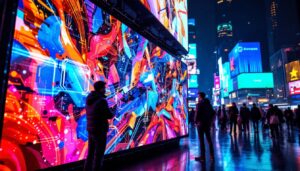 A photograph of a vibrant led display in a dynamic urban setting