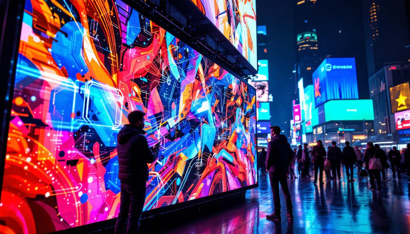 A photograph of a vibrant led display in a dynamic urban setting