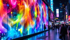 A photograph of a vibrant led display in an urban setting