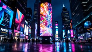 A photograph of a vibrant led display showcasing dynamic graphics and text in a bustling urban environment