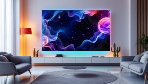 A photograph of a stylish living space featuring a vibrant led wall display