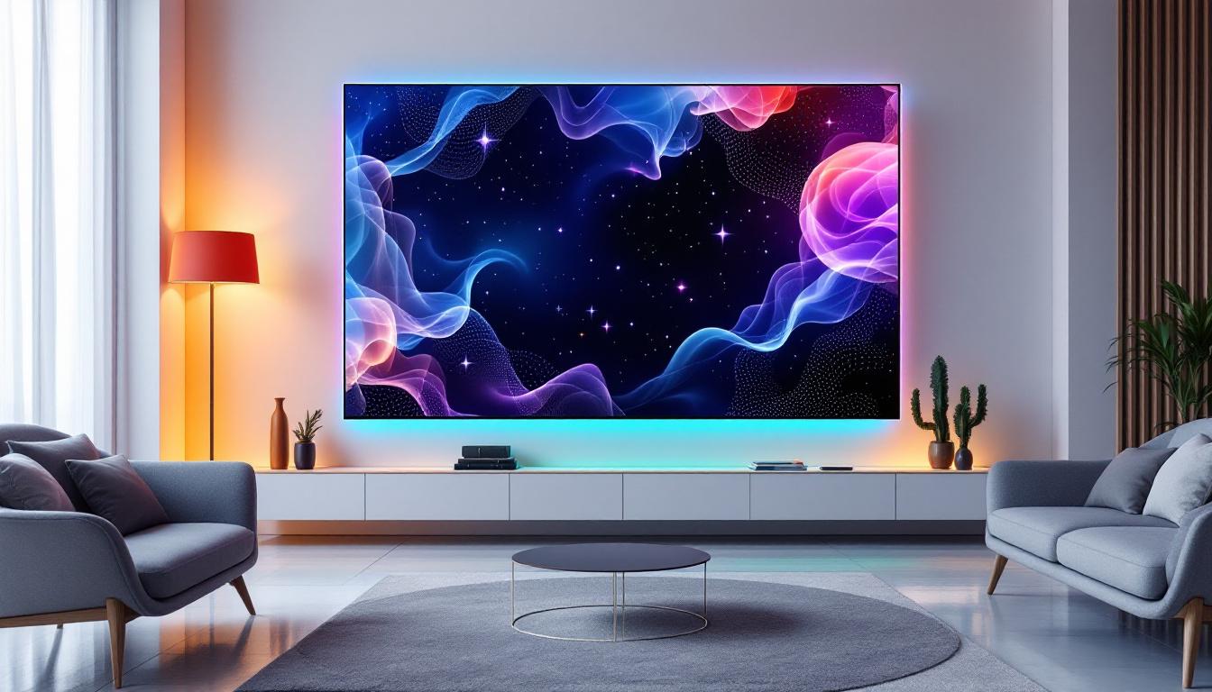 A photograph of a stylish living space featuring a vibrant led wall display