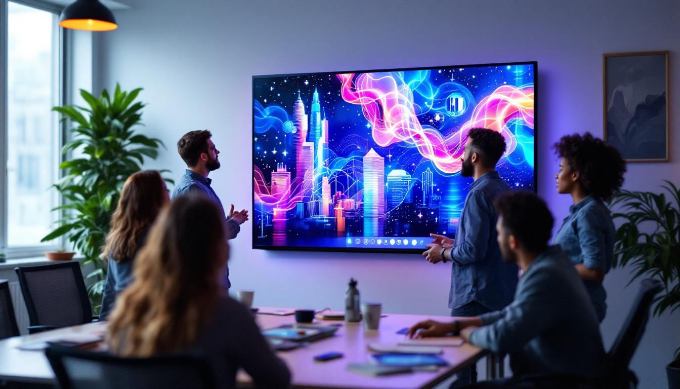 A photograph of capture a photograph of a vibrant huddleboard led display in a collaborative workspace setting