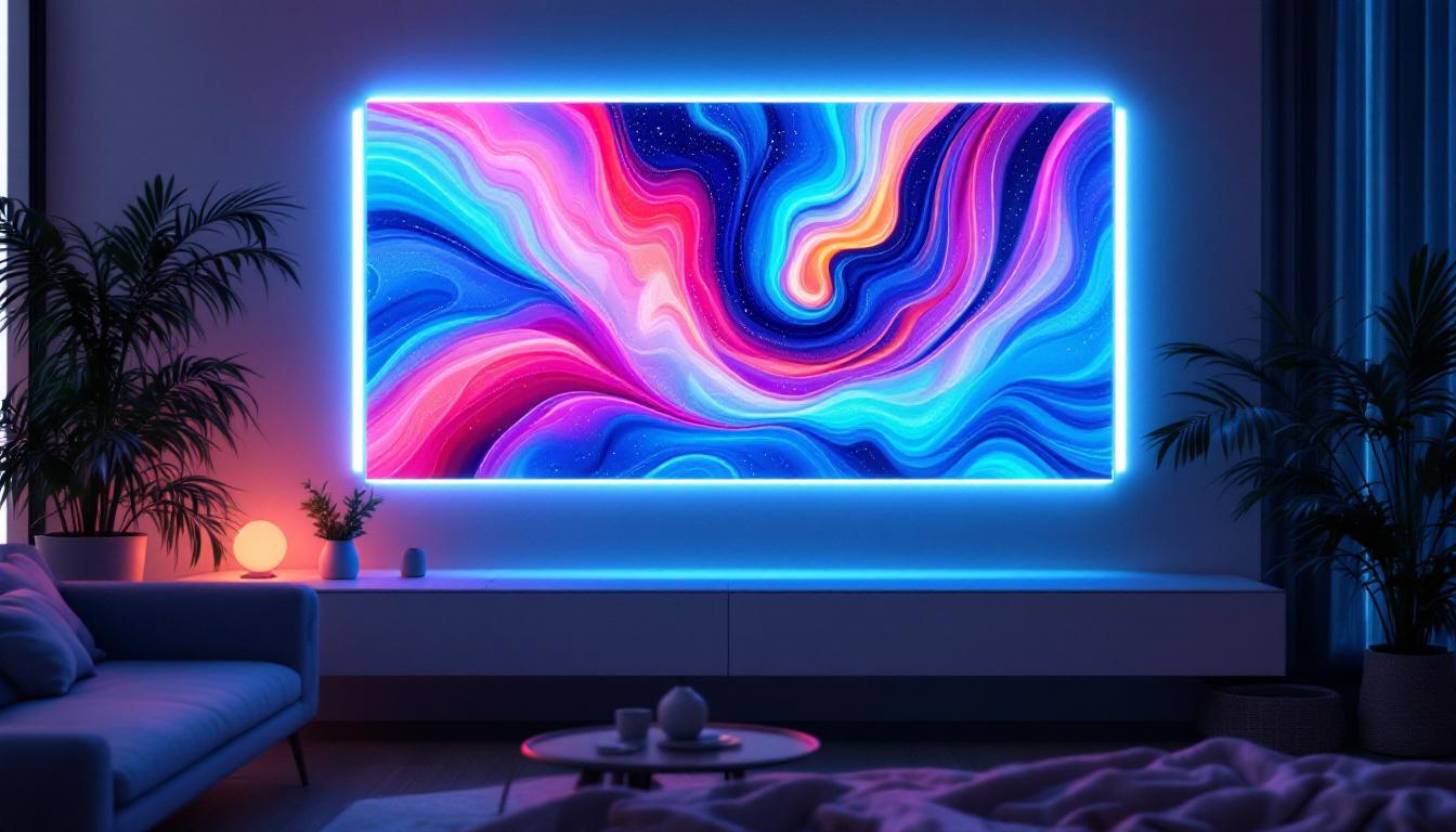 A photograph of a vibrant 24-inch wide led display showcasing dynamic wallpaper designs in a modern interior setting