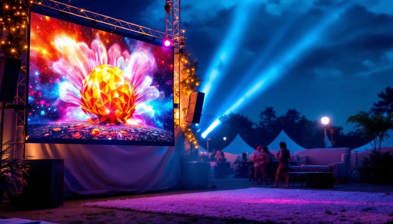 A photograph of a vibrant outdoor setting featuring a large led projector in use