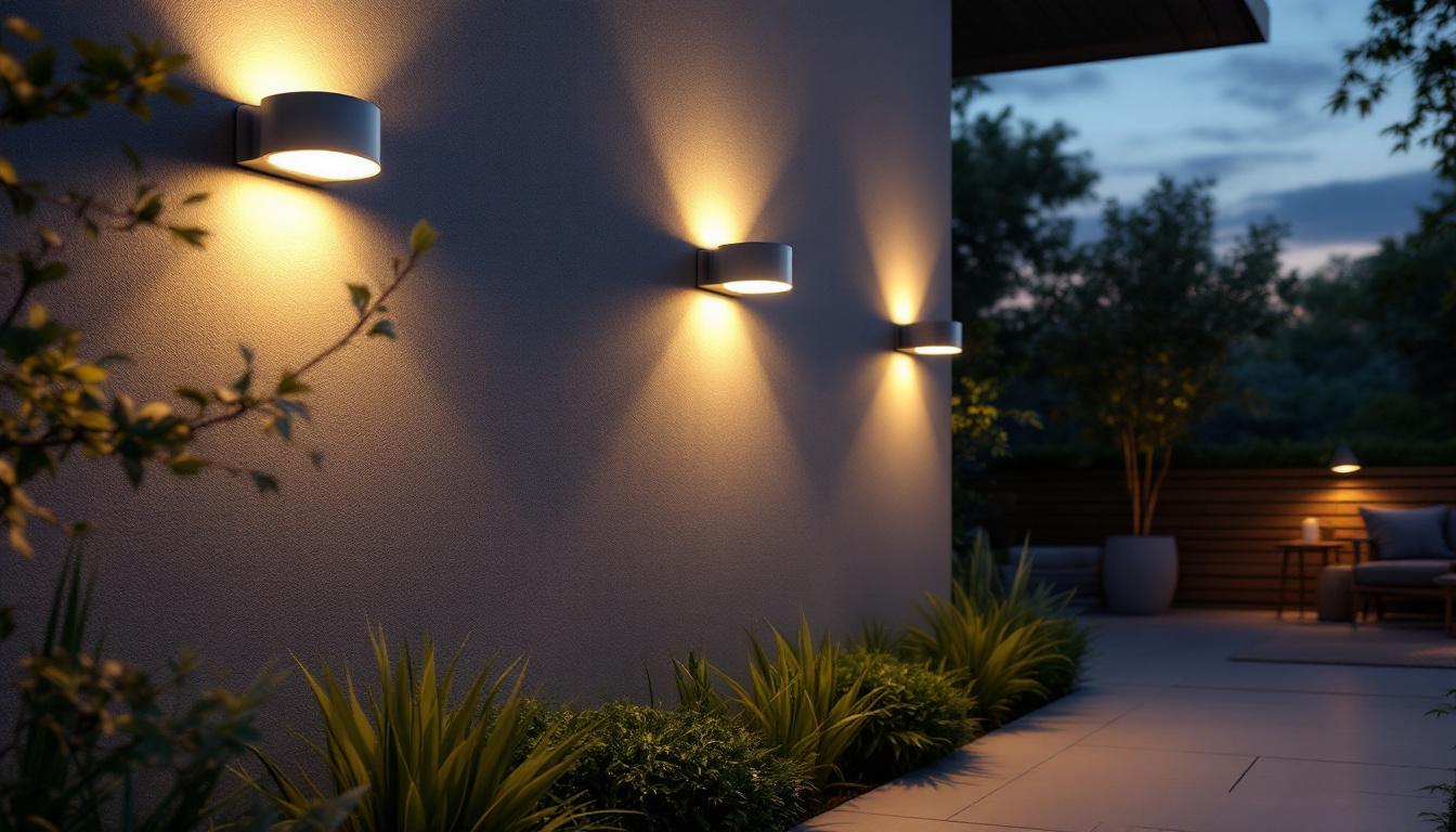 A photograph of a beautifully illuminated outdoor space featuring stylish waterproof led wall lights