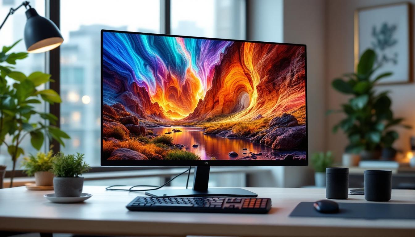 A photograph of a sleek 30-inch led desktop monitor displaying vibrant