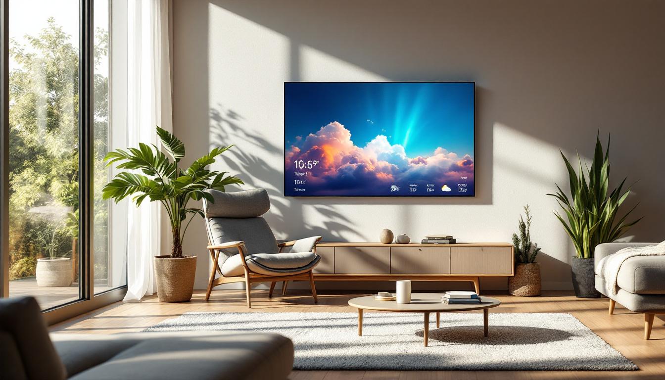 A photograph of a modern home interior featuring a sleek led display prominently showing real-time weather information