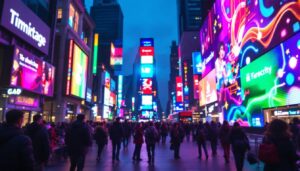 A photograph of a vibrant led display in a bustling urban setting