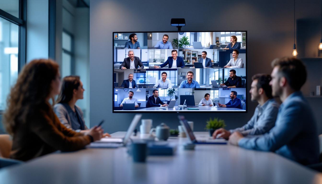 A photograph of a modern video conferencing setup featuring a large led display in a professional office environment