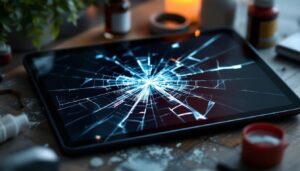 A photograph of a close-up of a broken lcd screen displaying visible cracks and damage