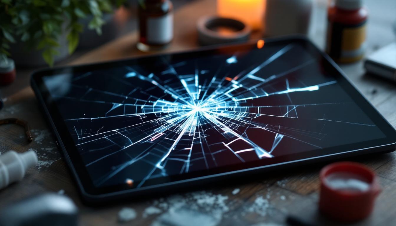 A photograph of a close-up of a broken lcd screen displaying visible cracks and damage