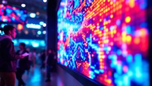 A photograph of capture a photograph of a vibrant led display in a dynamic setting