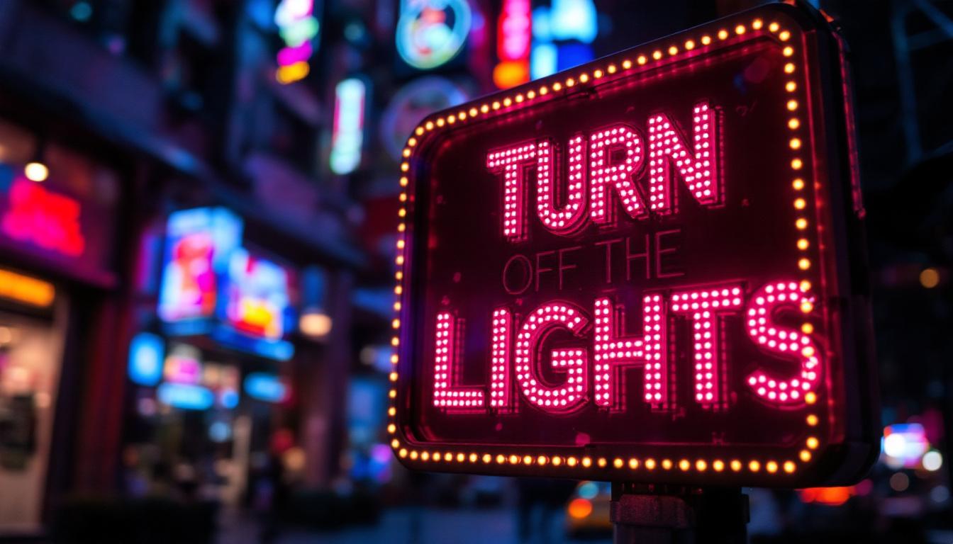 A photograph of a vibrant led "turn off the lights" signage in an urban setting
