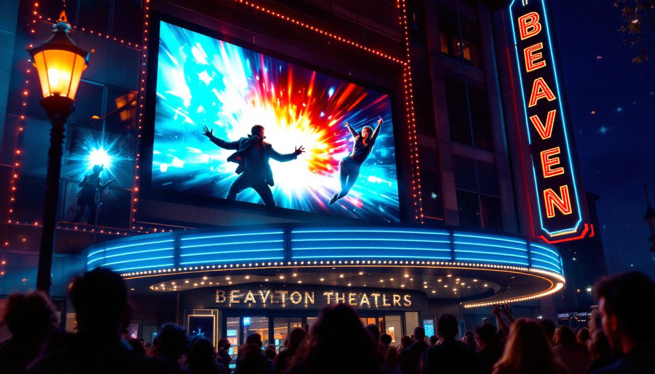 A photograph of the beaverton movie theater's vibrant led display showcasing a dynamic movie advertisement