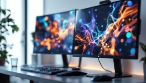 A photograph of a side-by-side comparison of an lcd monitor and an led monitor