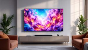 A photograph of capture a photograph of a sleek led wall panel tv displaying vibrant visuals in a modern living room setting