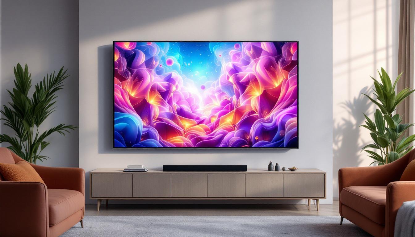 A photograph of capture a photograph of a sleek led wall panel tv displaying vibrant visuals in a modern living room setting