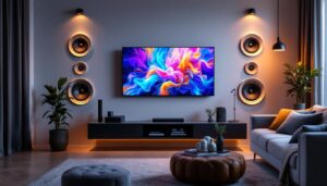 A photograph of capture a photograph of a stylish living room featuring in-wall speakers seamlessly integrated into the walls