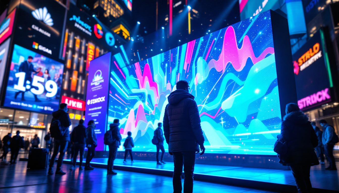 A photograph of a vibrant led display in a bustling urban setting