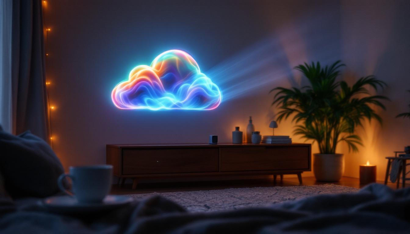 A photograph of a sleek cloud projector in action