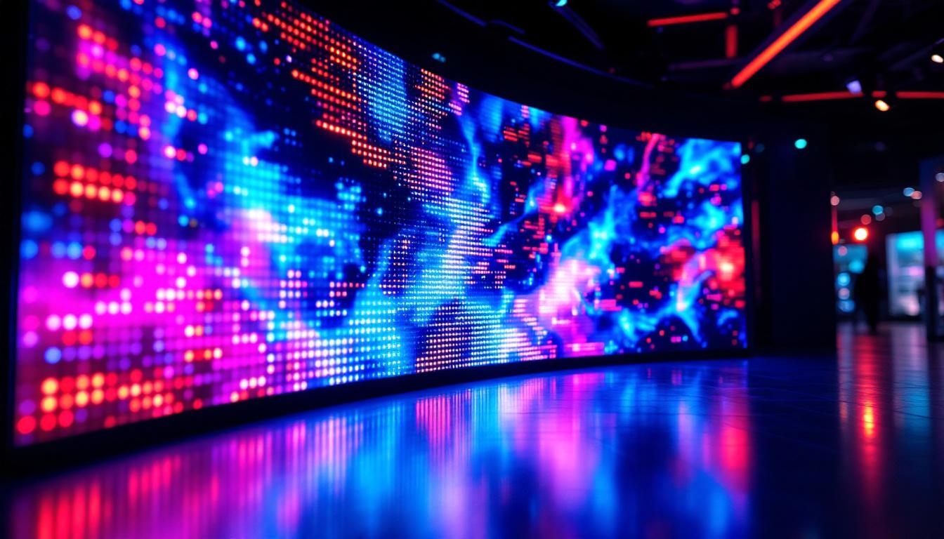 A photograph of a vibrant led display showcasing dynamic visuals