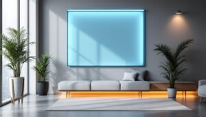 A photograph of a stylish interior space featuring a sleek led privacy screen