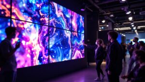 A photograph of a vibrant modular led screen in an engaging setting