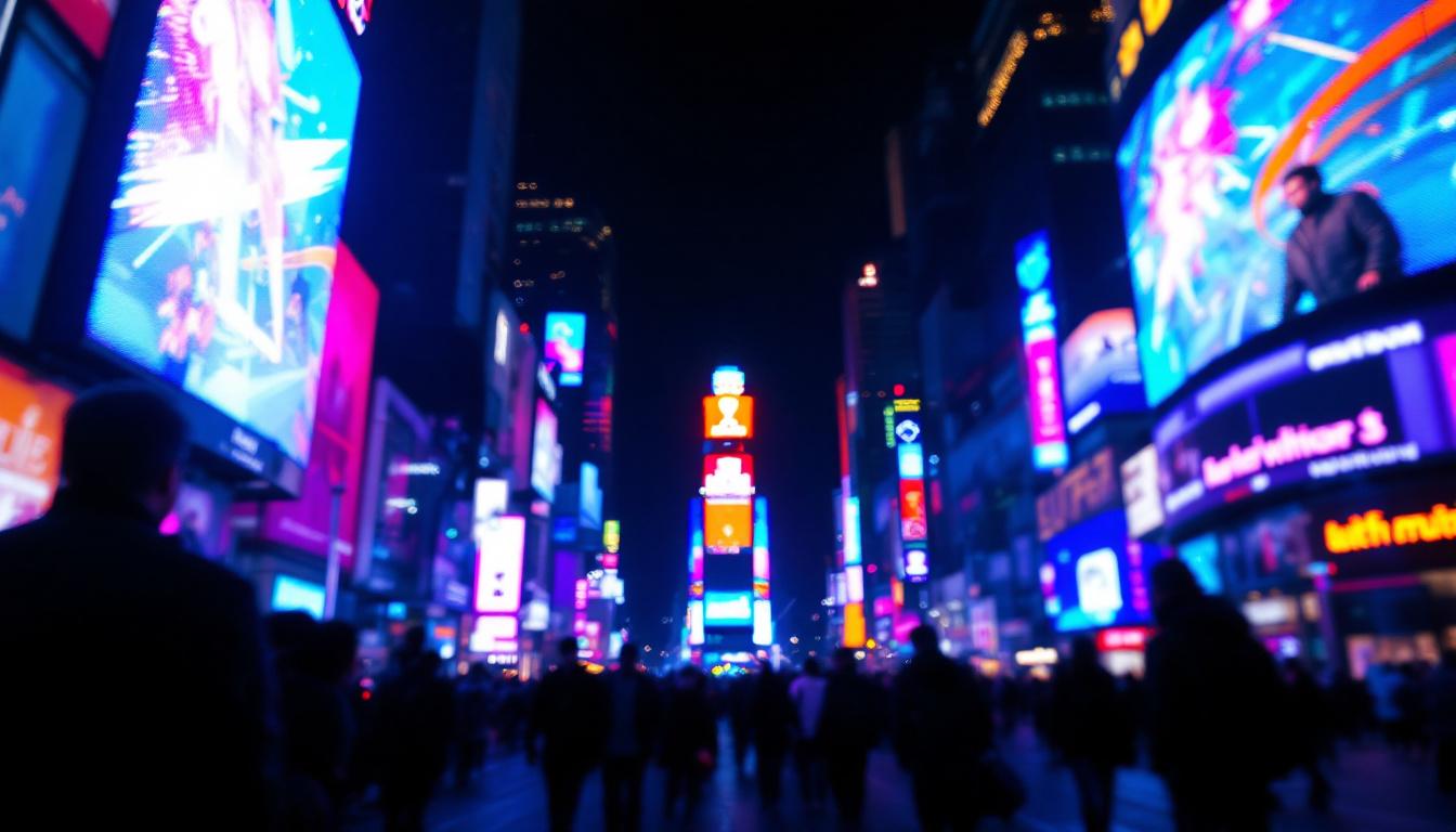 A photograph of a vibrant led display in an urban setting at night