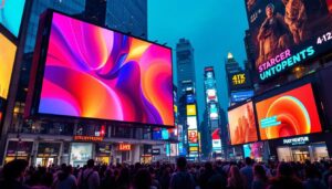 A photograph of a vibrant large led screen in a dynamic urban setting
