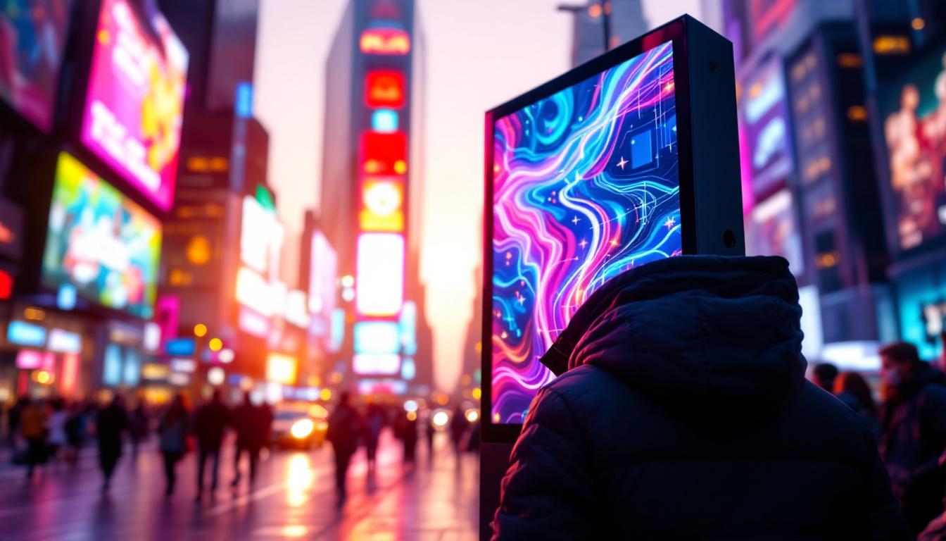 A photograph of a vibrant led digital display board in a bustling urban environment