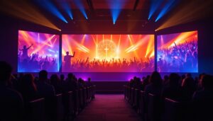 A photograph of a vibrant and engaging led video wall in a church setting