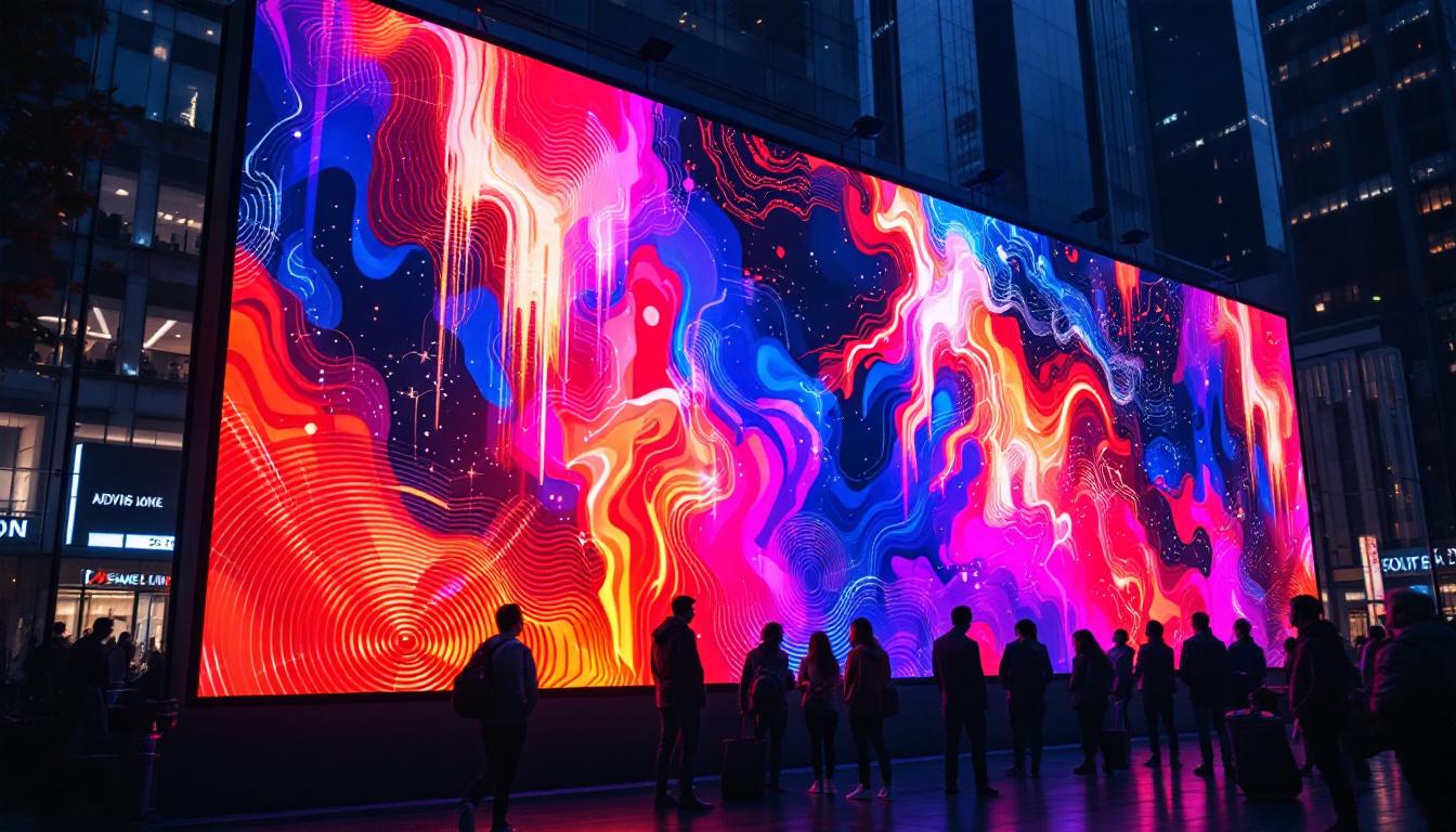 A photograph of a vibrant led panel display in an urban setting