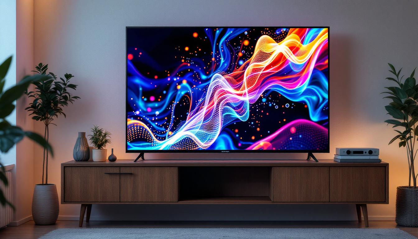 A photograph of a close-up view of an led television panel displaying vibrant colors and intricate details
