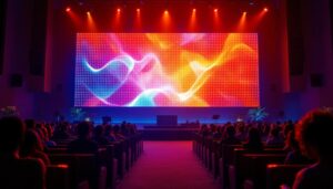 A photograph of capture a photograph of a vibrant led wall panel in a church setting