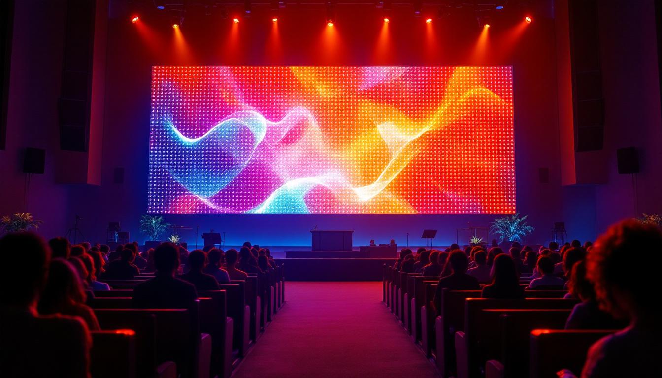 A photograph of capture a photograph of a vibrant led wall panel in a church setting