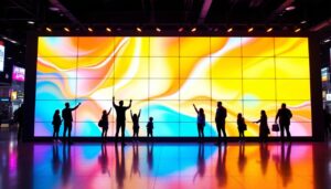 A photograph of a vibrant led wall display in a dynamic urban setting