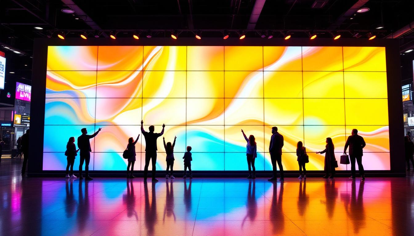 A photograph of a vibrant led wall display in a dynamic urban setting