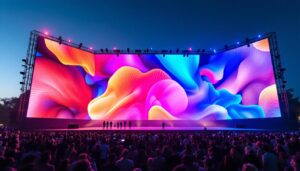 A photograph of a vibrant led wall display in an outdoor event setting