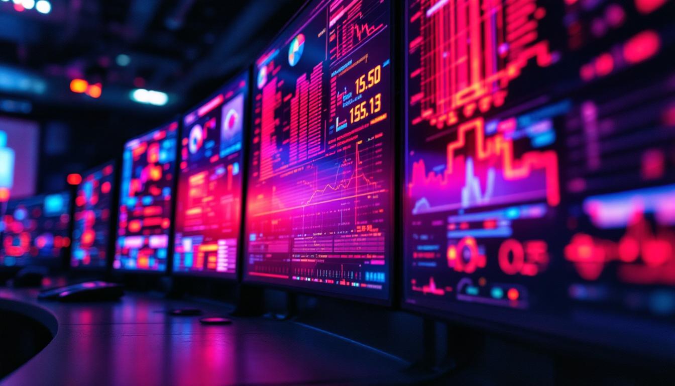 A photograph of a modern control room featuring vibrant led displays in action