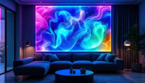 A photograph of a modern living room featuring vibrant led wall panels in various colors and designs